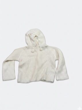 Vintage Blue Bird Cream Hooded Knit Sweater with Pom Ties